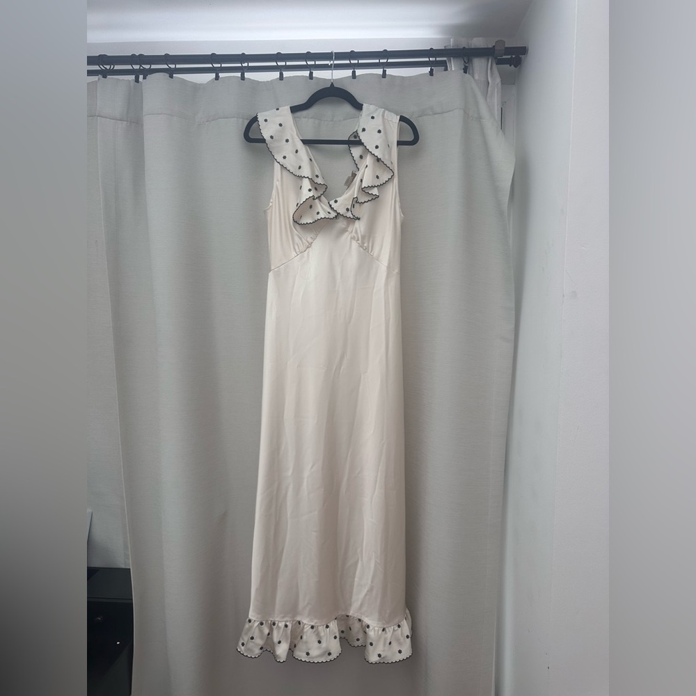 Caroline Constas Cream Maxi Dress with Polka Dot Ruffle